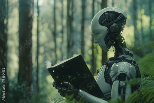An android seated in a lush forest, engrossed in reading, blending nature with technology