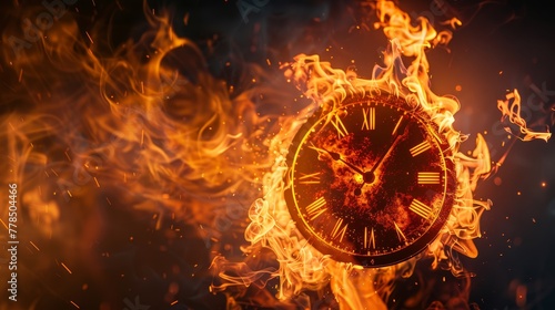 A surreal depiction of a burning clock engulfed by intense, fiery flames symbolizing urgency or perishability