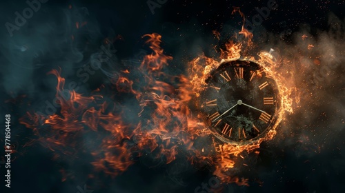A dramatic representation of a clock ensnared in tumultuous, blazing fire illustrating volatility or time pressure photo