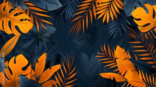 Summer background with tropical leaves and plants in orange, yellow and deep blue colors. Modern minimalist style. Design template for sale, horizontal poster, header, cover, social media, fashion ads