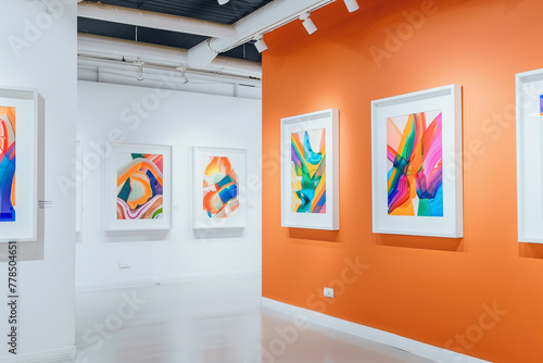 An airy white art gallery with an orange wall, creating a warm, inviting atmosphere. White frames contain vibrant, abstract paintings, 