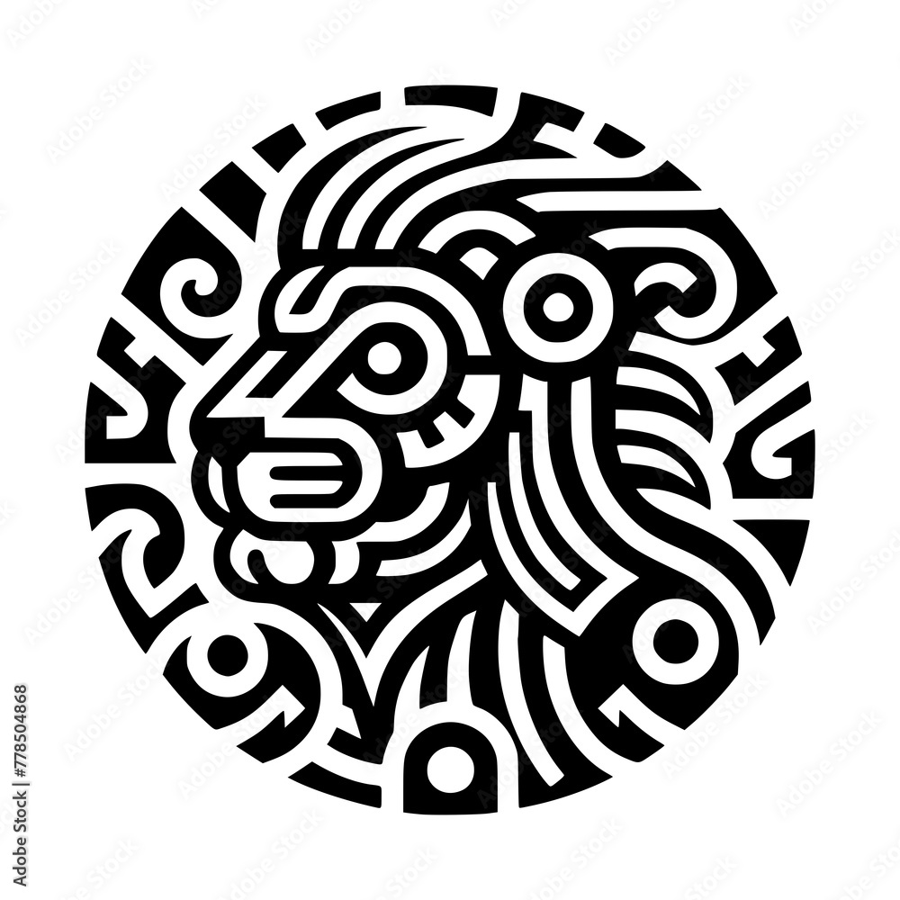 ancient maya tribe pattern of animal lion head black outline vector illustration