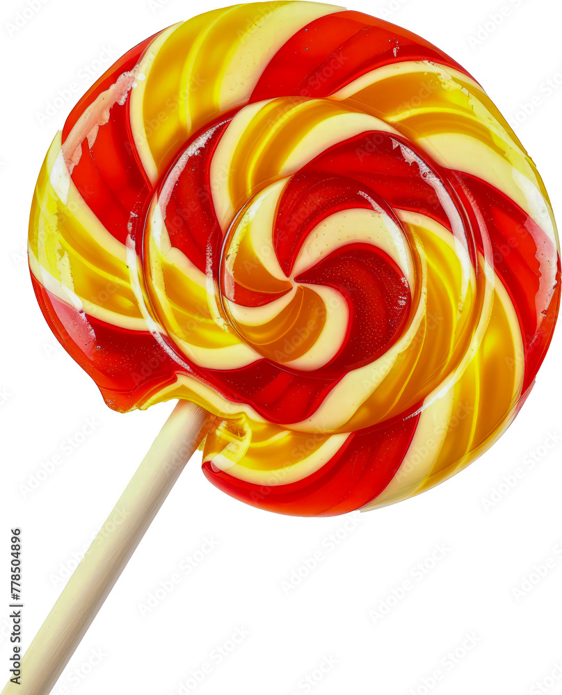 Colorful swirled lollipop with rainbow patterns cut out on transparent background - obrazy, fototapety, plakaty 
