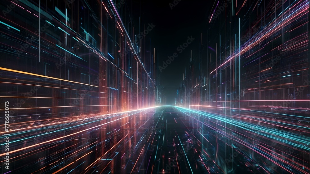 Obraz premium a dark cityscape with colorful lights speeding towards the horizon. The scene has a cyberpunk vibe and could be set in a futuristic world.