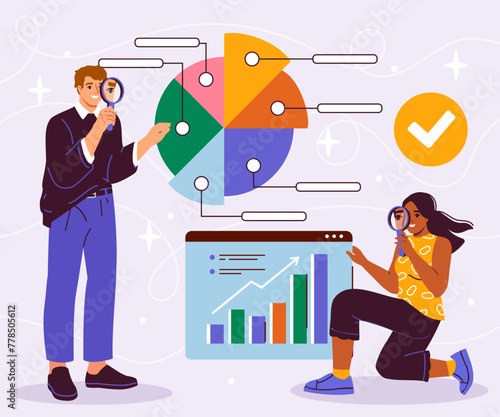 Business analysis concept. Man and woman with chart and graphs. Financial literacy and passive income. Statistics and infograhics. Cartoon flat vector illustration isolated on white background