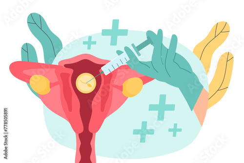 Artificial insemination concept. Hand in protective gloves with syringe with sperm. Anatomy and biology. Female reproductive system and fertility. Cartoon flat vector illustration