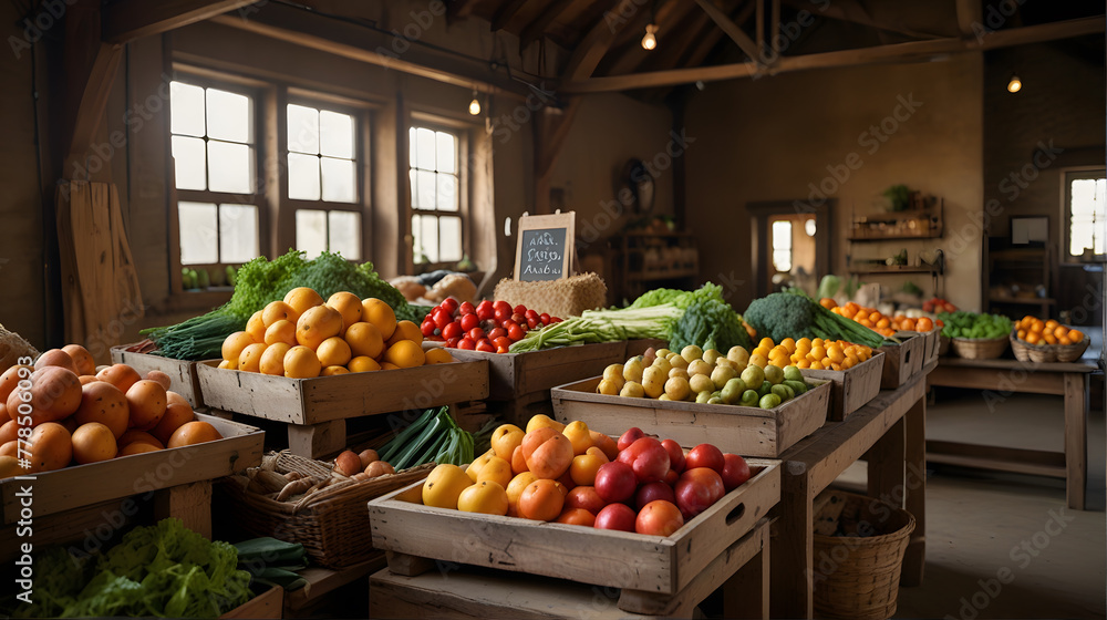 Organic Farm Produce Displayed in a Rustic Market Setting