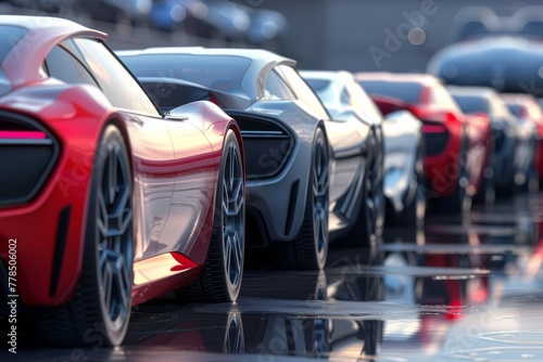 Sleek Modern Cars Lined Up at Dealership Lot, 3D Illustration