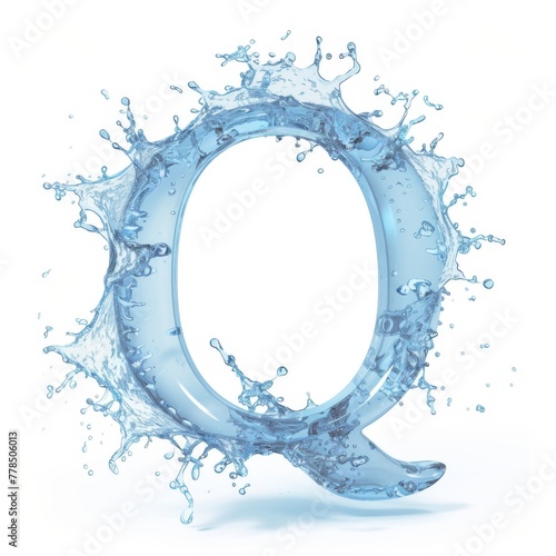 Latin letter Q, texture of water, ice and splashes on white background. Close-up of one isolated large letter Q. Template for labeling, children's pictures, font design. 3D rendering illustration.