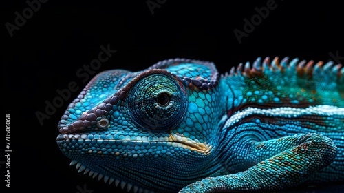 portrait of a blue chameleon  photo studio set up with key light  isolated with black background and copy space 