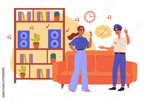 Ban on listening to music. Policeman angry to woman with loud audio. Bad neighboor. Young girl with illegal evening party or disco. Cartoon flat vector illustration isolated on white background