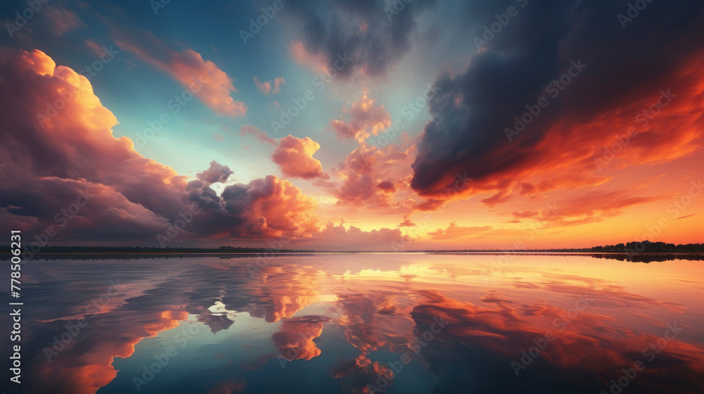 Closeup of sunset sky landscape atmosphere with red orange cloudy heaven and a lake or sea with water