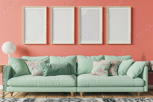 A playful Scandinavian living room with a mint green sofa set against a coral wall. Four blank empty mock-up poster frames