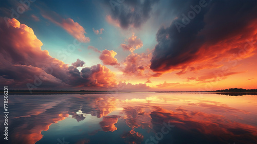 Fototapeta Naklejka Na Ścianę i Meble -  Closeup of sunset sky landscape atmosphere with red orange cloudy heaven and a lake or sea with water