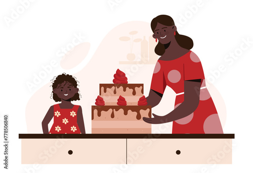 Cake preparation process concept. Mother with daughter near dessert and delicacy. Woman and girl cooking sweet products. Little helper and assistant. Cartoon flat vector illustration