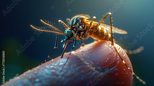 Macro View of a Mosquito on a Human Finger, Intricate Insect Detail