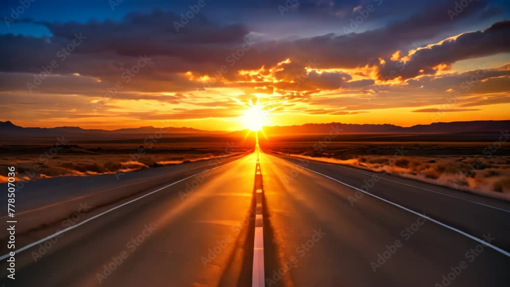 Sun Setting Over Remote Road in Vast Expanse of Nature, An open road that disappears into a stunningly beautiful sunrise, AI Generated Sun Setting Over Remote Road in Vast Expanse of Nature, An open road that disappears into a stunningly beautiful sunrise, AI Generated