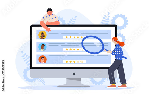 Choosing best candidate. Woman with magnifying glass evaluate candidates at vacancy. Ranking and rating of employees. Headhunting and recruiting. Cartoon flat vector illustration