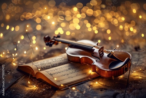 Nostalgic still life with vintage musical score, violin, and bokeh lights, illustration