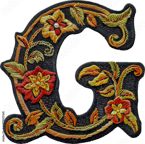 Embroidered patch of the letter 'G' cut out on transparent background