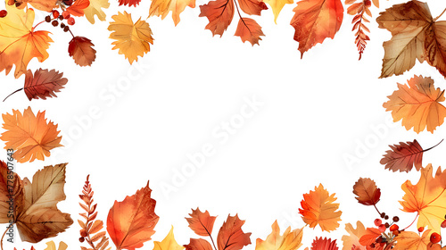 Autumnal colored leaves painted with watercolor as a frame isolated on a transparent background