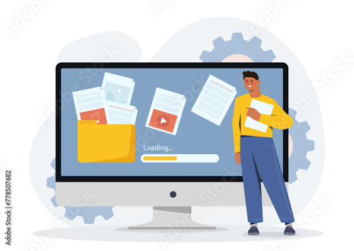 Data transfer concept. Man with files in electronic storage and archive. Cloud service with information and documents. Safety of personal data on internet. Cartoon flat vector illustration
