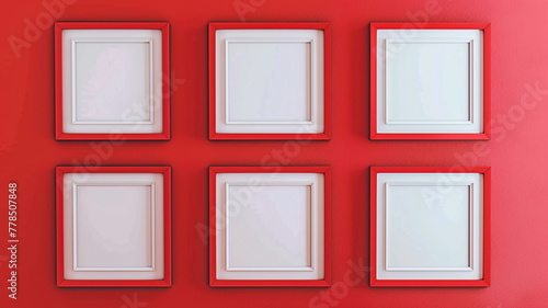 Six small, square mockup frames on a radiant ruby red wall, arranged in two neat rows. 