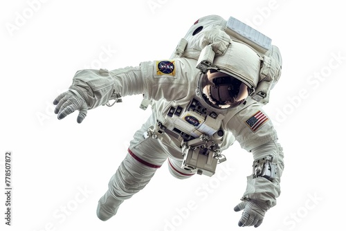 Astronaut in spacesuit isolated on white, floating in weightlessness, space exploration concept