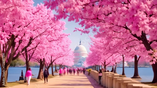 A diverse group of people walking together on the sidewalk alongside a beautiful body of water, Cherry blossom festival in Washington DC, AI Generated photo