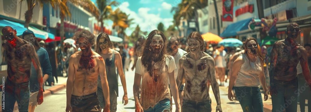 crowd of zombies walking in Miami Beach 