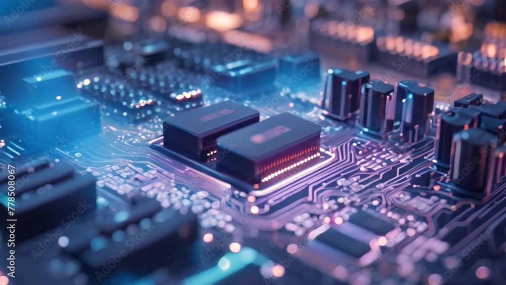 A close-up Video capturing the intricate details and essential components of a computer motherboard, Close-up of a circuit board with glowing neon lights, AI Generated A close-up Video capturing the intricate details and essential components of a computer motherboard, Close-up of a circuit board with glowing neon lights, AI Generated