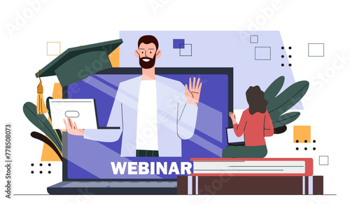 Educational webinar digital. Man with laptop at screen of gadget. Remote learning and training, education. Courses and master class, lecture on internet. Cartoon flat vector illustration