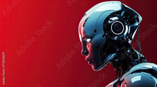 An android with glowing eyes and a polished silver surface, posed against a vibrant red background.