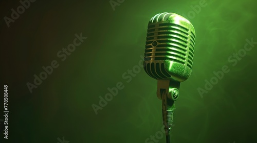 A classic microphone bathed in a lime green light, offering a vibrant and energetic feel. photo