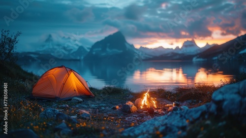 Camping tents are placed on the edge of the lake with a mountain backdrop