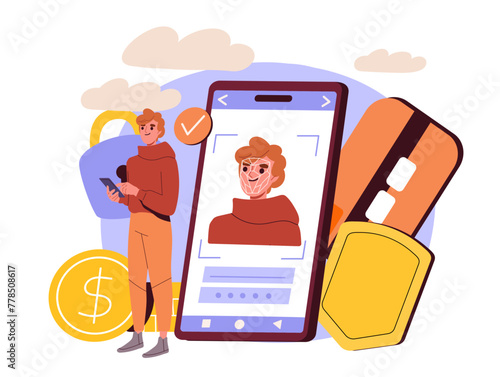 Face scan concept. Man standing near smartphone. Authorization and authentication. Login and password. Safety and security of personal information. Cartoon flat vector illustration