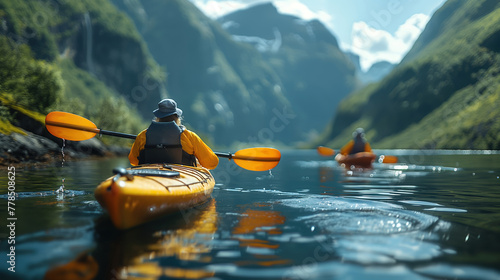 Close-up of tourists kayaking in a Norwegian fjord