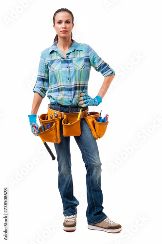 Woman Construction Contractor Carpenter on White