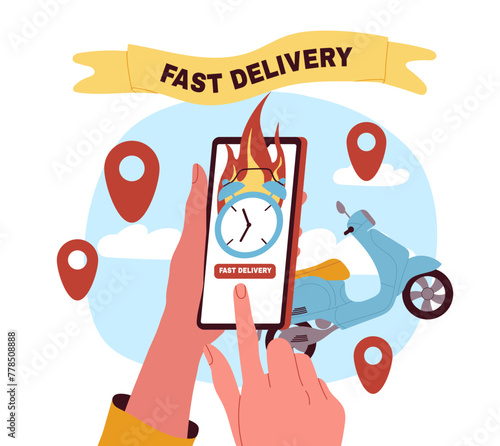 Fast delivery concept. Hands holding smartphone with bruning clocks. Online shopping and electronic commerce. Scooter wth GPS red pins. Cartoon flat vector illustration isolated on white background photo