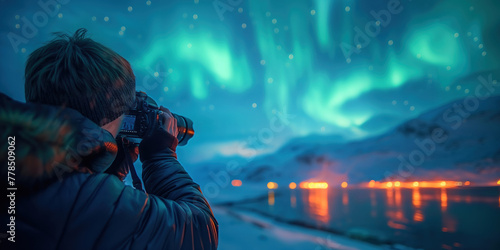 Vivid photo of tourist photographing Norway’s Northern Lights over lake and mountains