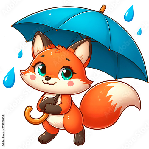 Funny cartoon fox under an umbrella isolated on a transparent background. Close-up, cut out.
