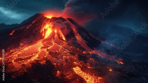 A volcanic eruption with bright lava flows against a night sky, ash plume rising.