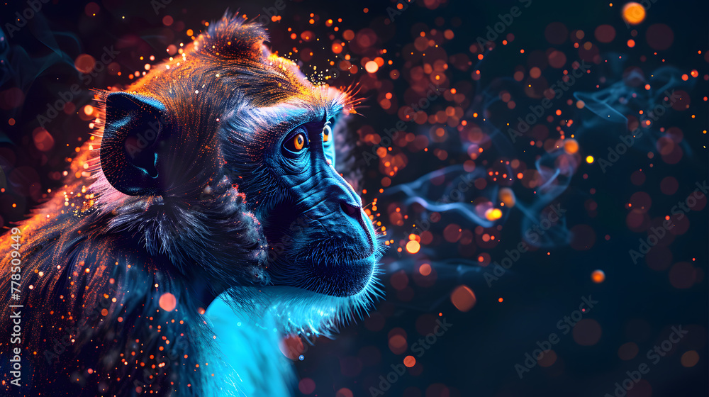 A cute monkey made of glowing particles in the style of digital art, on a dark background, for a high definition wallpaper