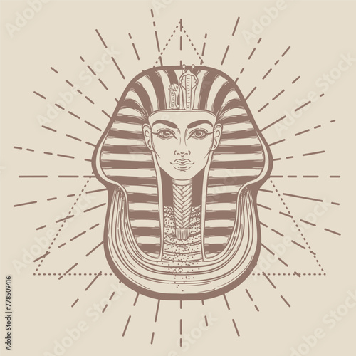 King Tutankhamun mask, ancient Egyptian pharaoh. Hand-drawn vintage vector outline illustration. Tattoo flash, t-shirt or poster design, postcard, coloring book page. Egypt history.