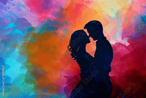 Silhouette of a young couple dancing passionately against a vibrant  colorful background  side view  abstract digital illustration
