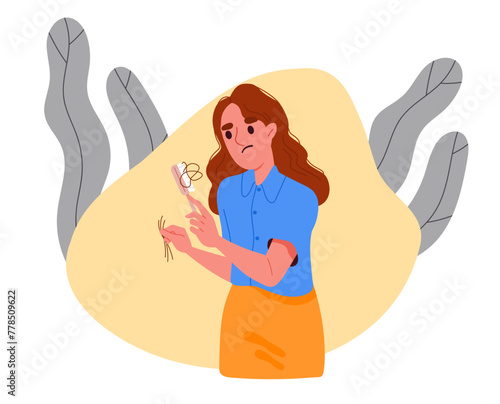 Woman losing hair concept. Young girl with comb and hair. Character suffer from alopecia. Lack of vitamins and unhealthy lifestyle. Cartoon flat vector illustration isolated on white background