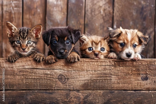 Adorable puppies and kittens peeking from behind a rustic wooden banner, empty space for text, pet store or veterinary clinic advertising poster concept, digital illustration photo