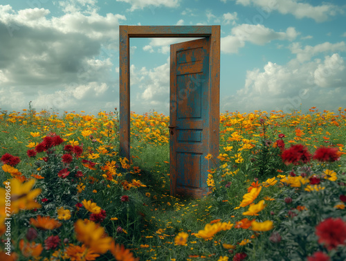 Tür auf der Blumenwiese, das Tor zur Welt