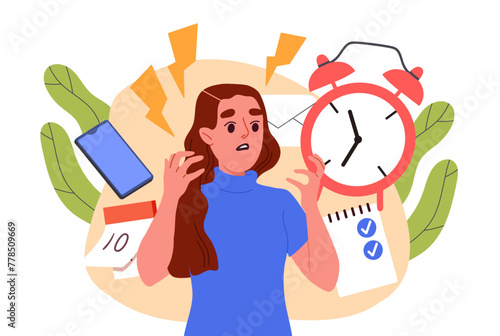 Businesswoman worried concept. Woman with tasks and goals near clocks and calendar. Planning and organizing at teamwork. Emotional stress and burnout. Cartoon flat vector illustration