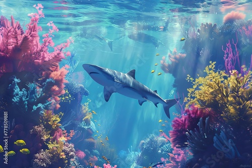 Serene underwater scene with sharks swimming peacefully among colorful coral formations, ocean wildlife digital painting